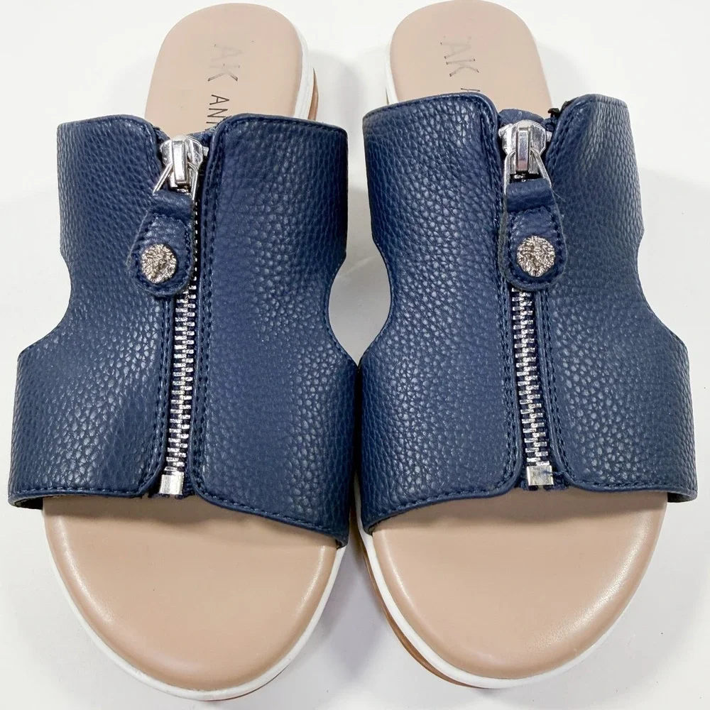 Anne Klein Women's Sandals iFlex Navy Blue‎ Zip Front Slide Shoes Size 7M